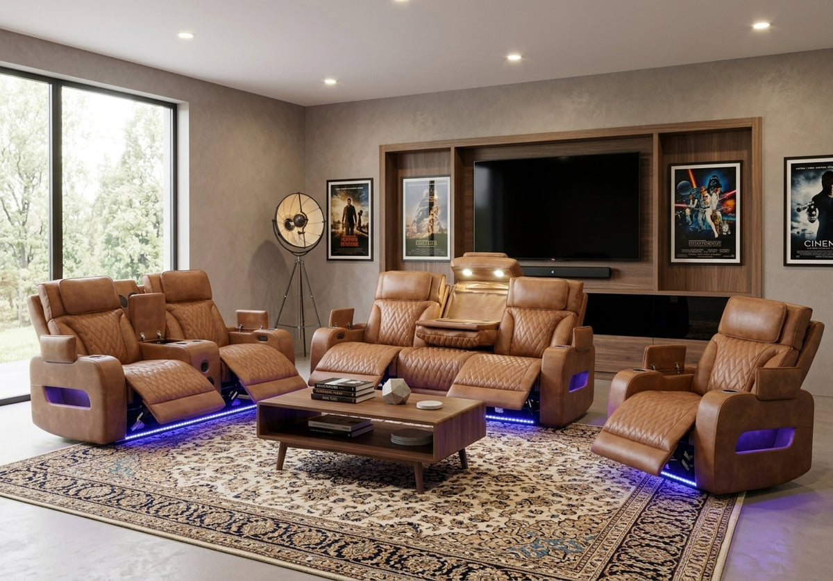 GAMBIT Caramel Brown Livingroom with Bluetooth Speakers & LED Lighting