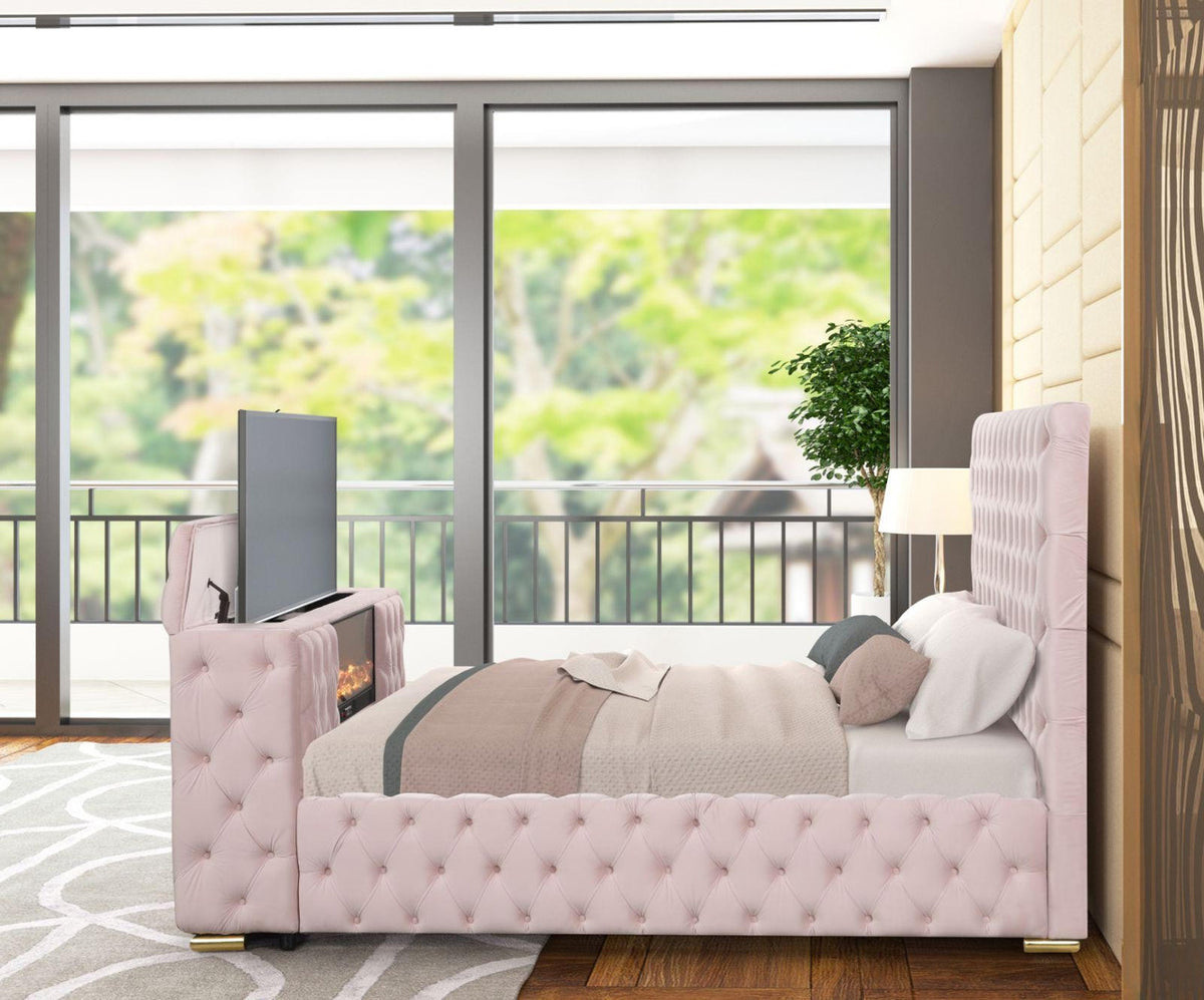 GENEVA Pink Velvet Platform Bed with Fireplace and Lift-Up TV Mount
