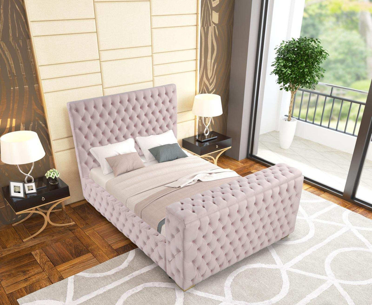 GENEVA Pink Velvet Platform Bed with Fireplace and Lift-Up TV Mount