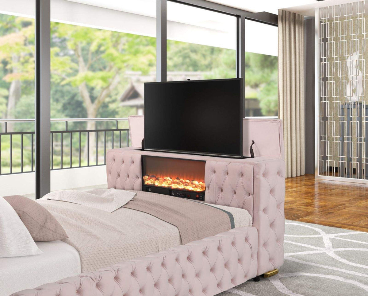 GENEVA Pink Velvet Platform Bed with Fireplace and Lift-Up TV Mount