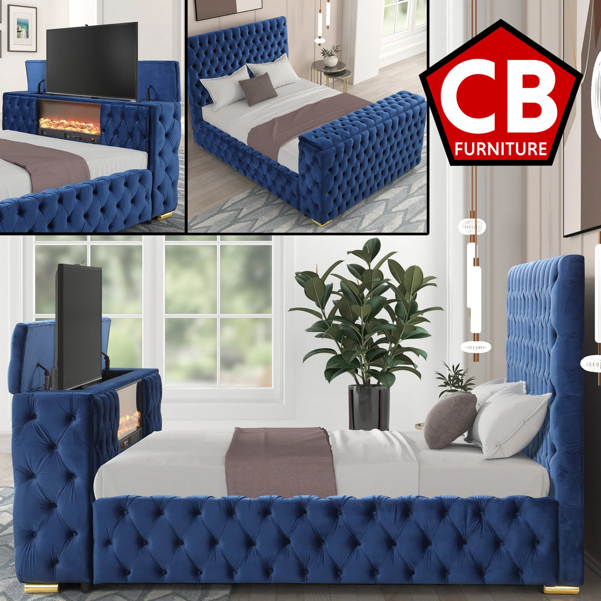 GENEVA Blue Velvet Platform Bed with Fireplace and Lift-Up TV Mount