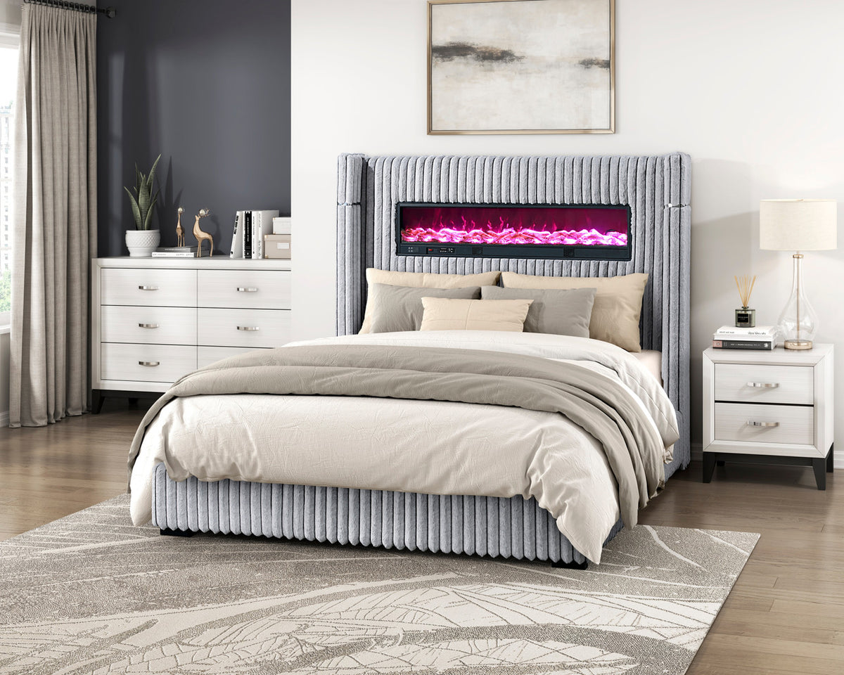 GIULIA Gray Velvet Bed With Fireplace & Speakers