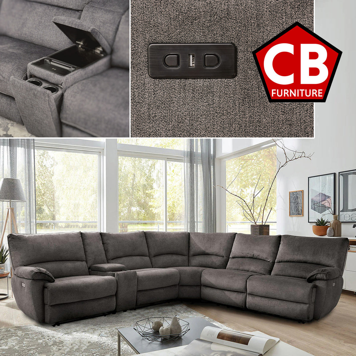 HARLEY Gray 131" x 121" Power Reclining Sectional with 3 Recliners