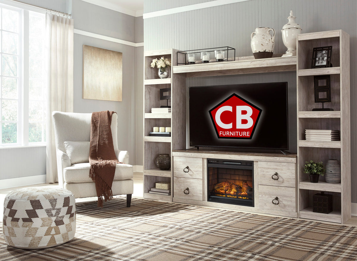 HAZEN Whitewash 94" Wide Wall Unit with Fireplace (RTA)