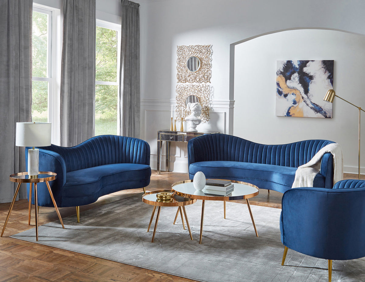 HEIMER Blue Velvet & Gold 3 Piece Living Room Set