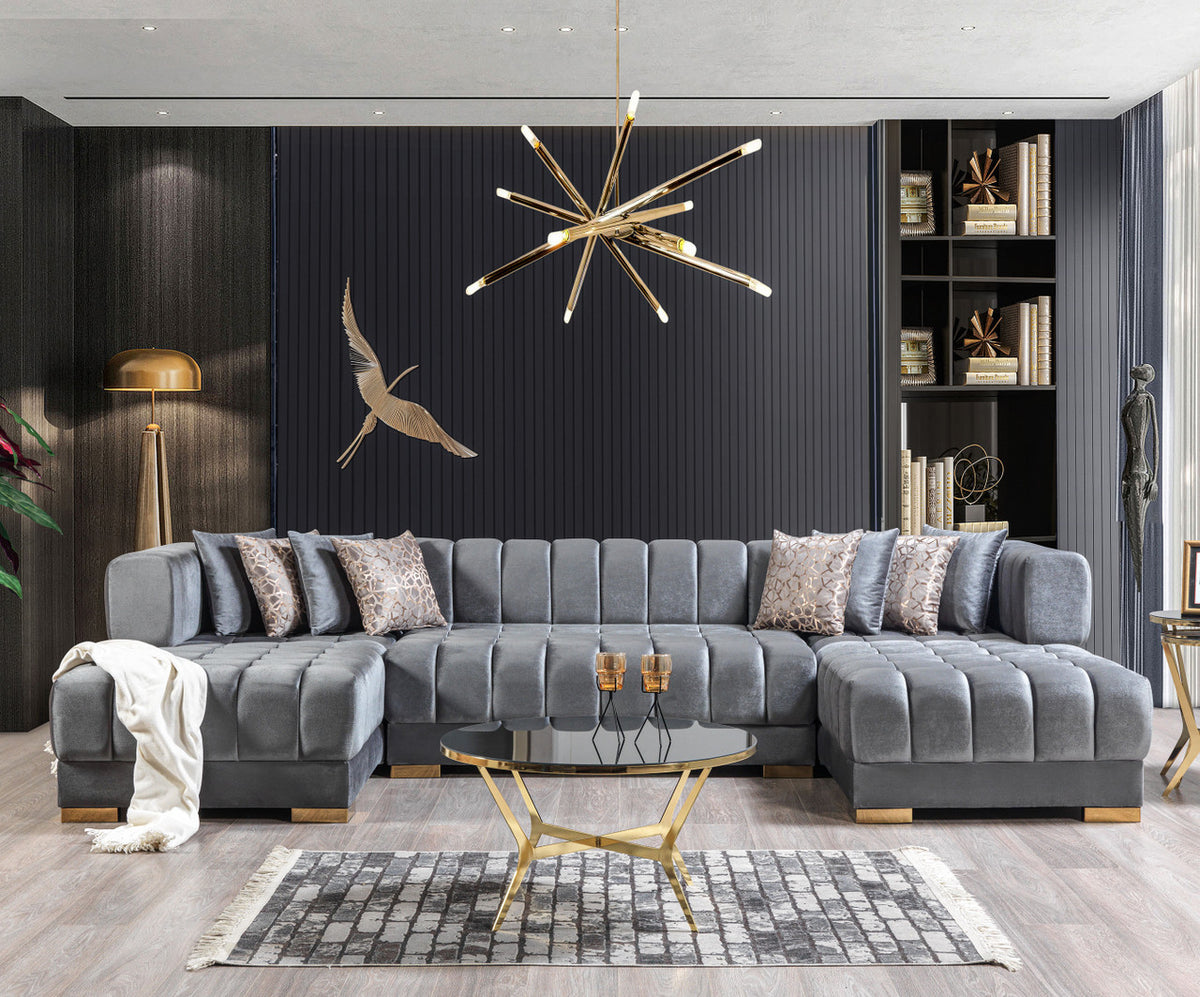 HURLEY Gray Velvet 141" Wide Double Chaise Sectional