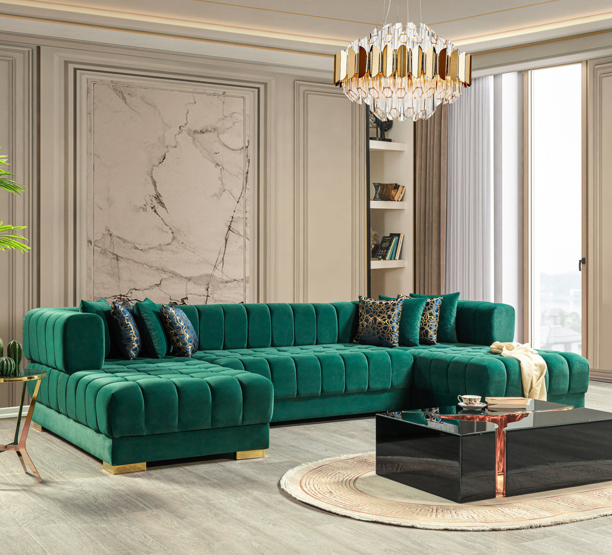 HURLEY Green Velvet 141" Wide Double Chaise Sectional