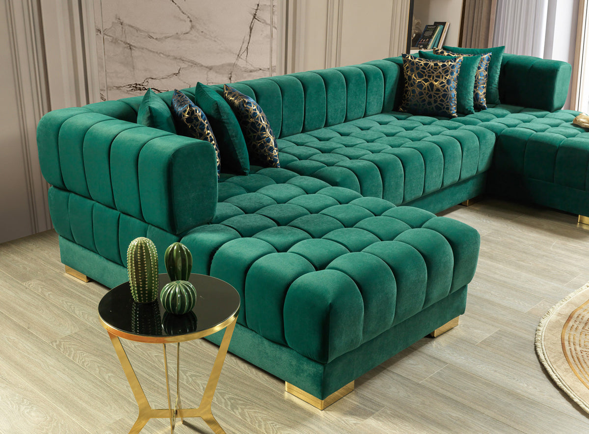 HURLEY Green Velvet 141" Wide Double Chaise Sectional