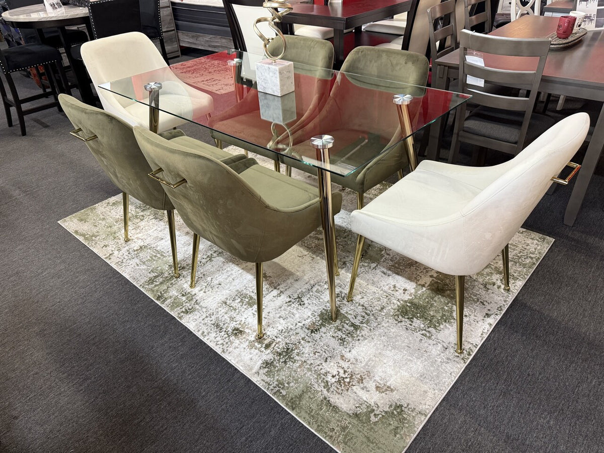 MOSIER Olive Green & Cream 7 Piece Dining Set with FESTER Chairs