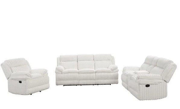 IRENE White Corduroy Reclining Sofa & Loveseat With Power Outlet