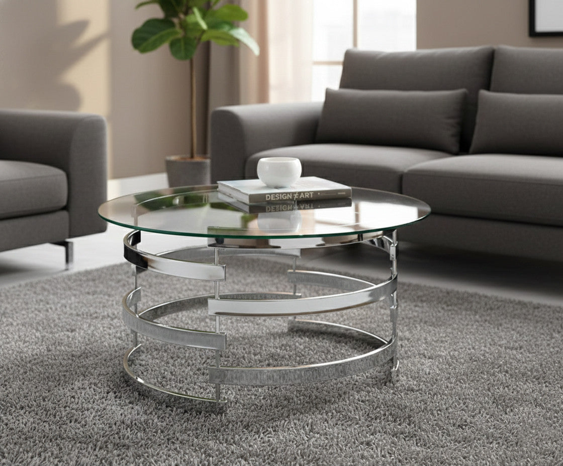 JAIK Chrome Metal & Clear Glass 35" Wide Round Coffee Table