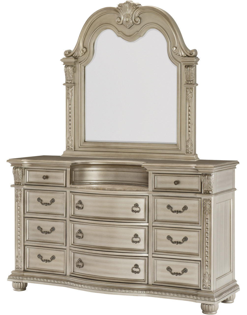 JARISSA Silver 69" x 90" Height Dresser & Mirror with Marble Tops
