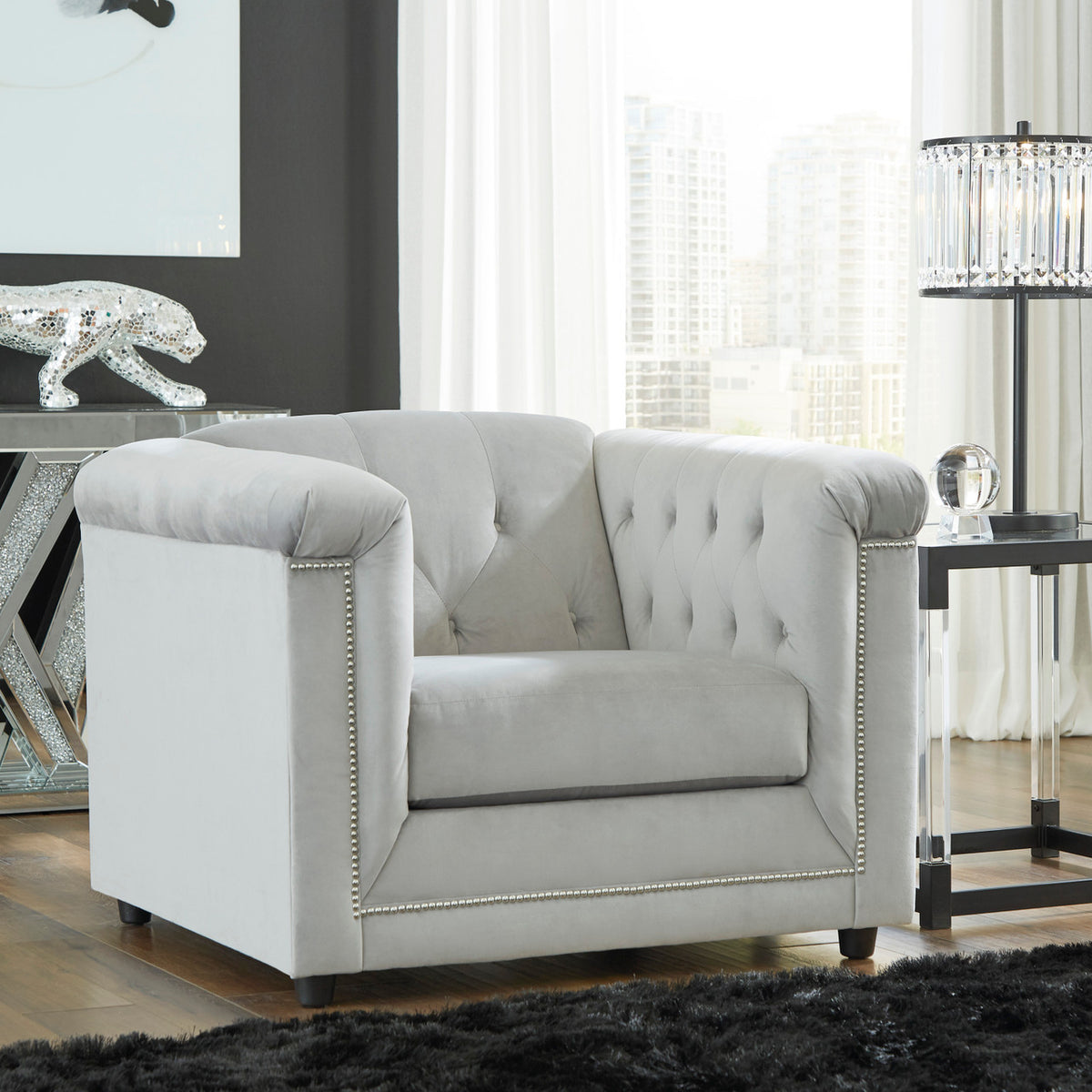 GEMINA Neutral Gray Velvet 42" Wide Arm Chair