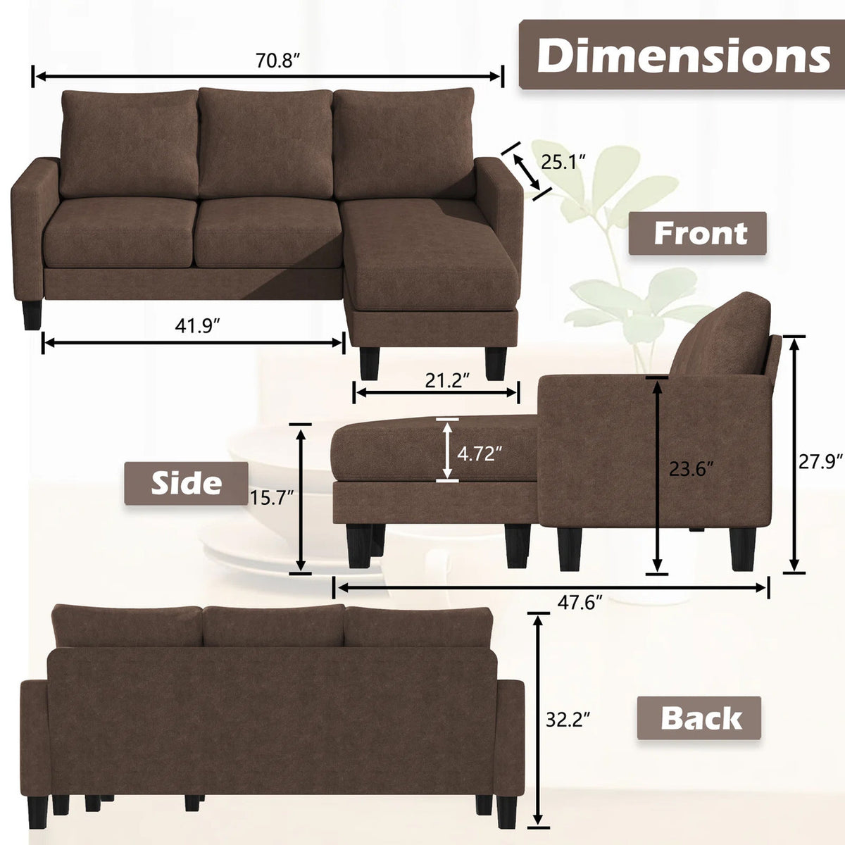 KALIMA Brown 71" Wide Reversible Sofa Chaise