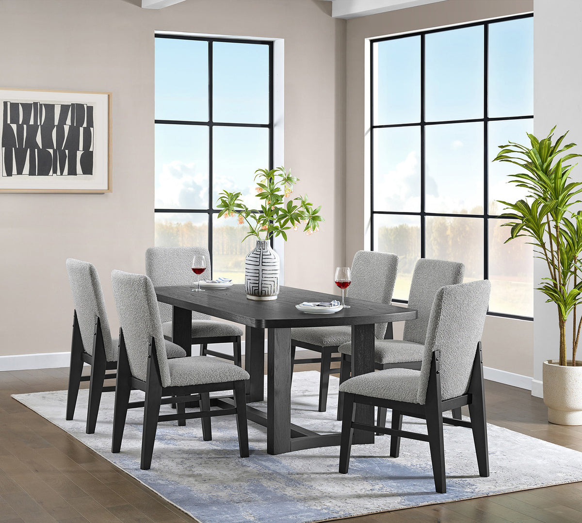KARIM Black & Gray Boucle 7 Piece Dining Set