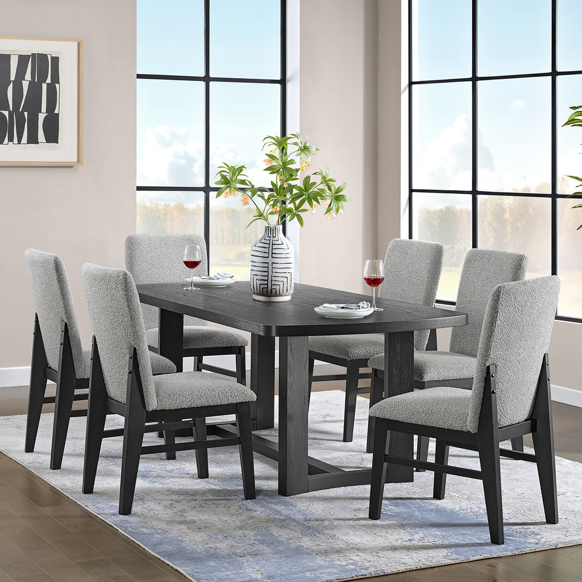 KARIM Black & Gray Boucle 7 Piece Dining Set