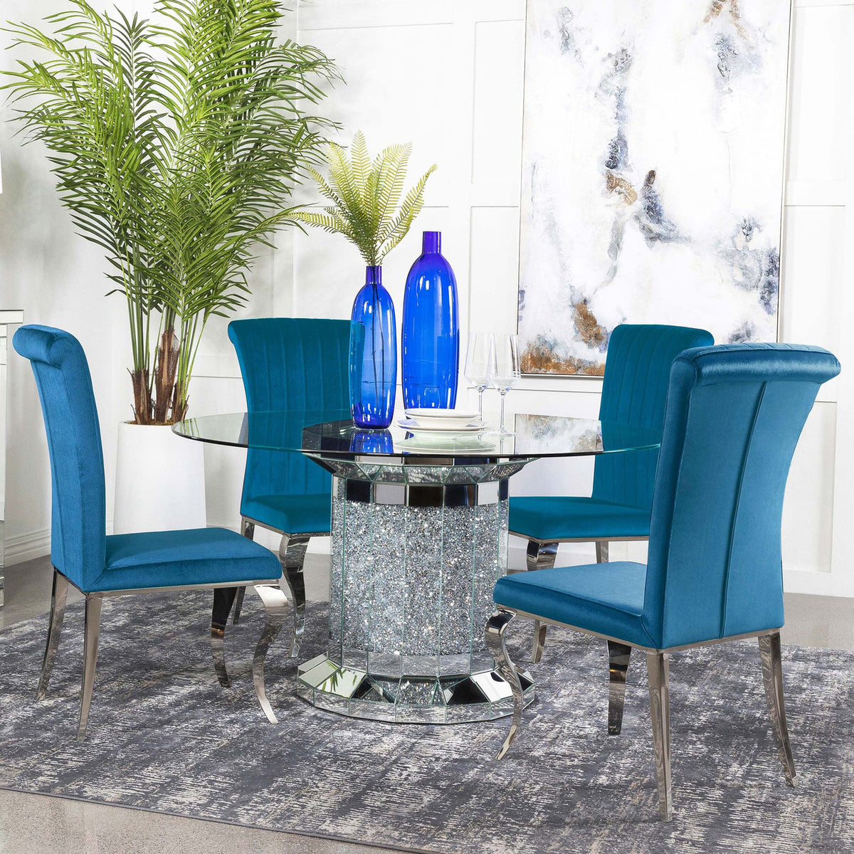 KAROLINA Mirror Diamond 5 Piece Dining Set with DARLA Teal Chairs