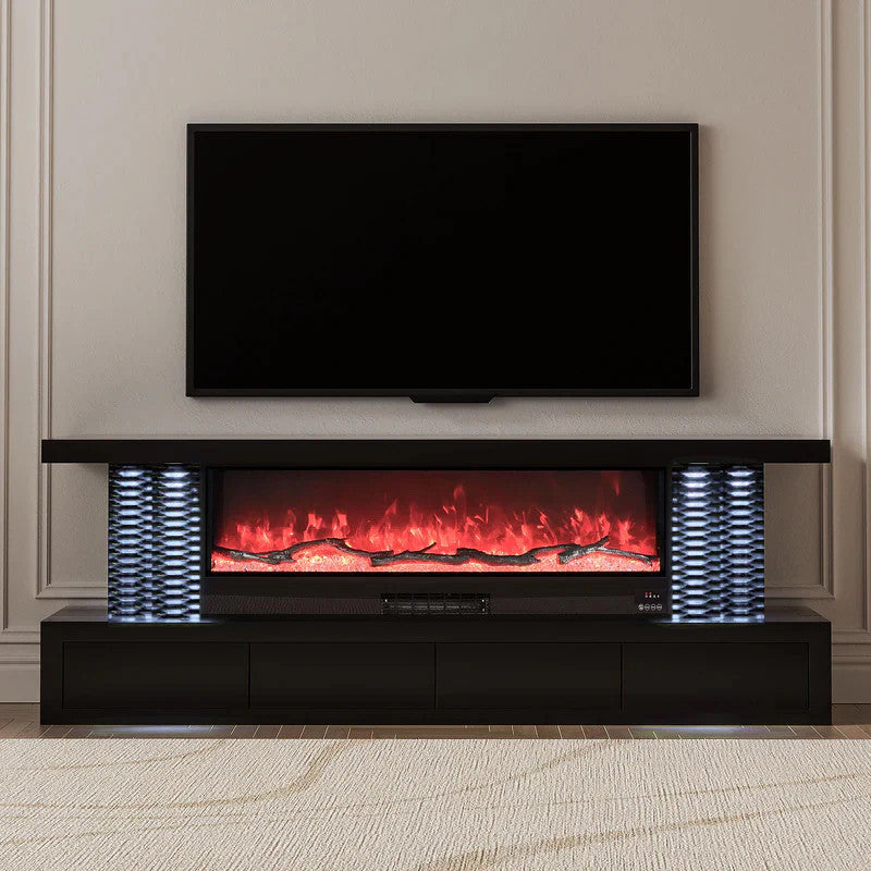 KATINI Glossy Black 71" Wide x 26" Height TV Stand with Fireplace & Bluetooth Speakers