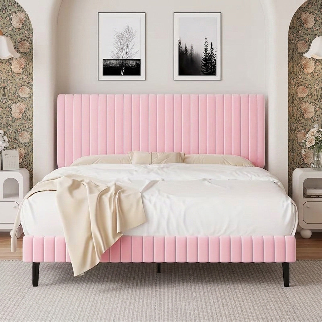 KERMIT Pink Velvet 43" Height Platform Bed