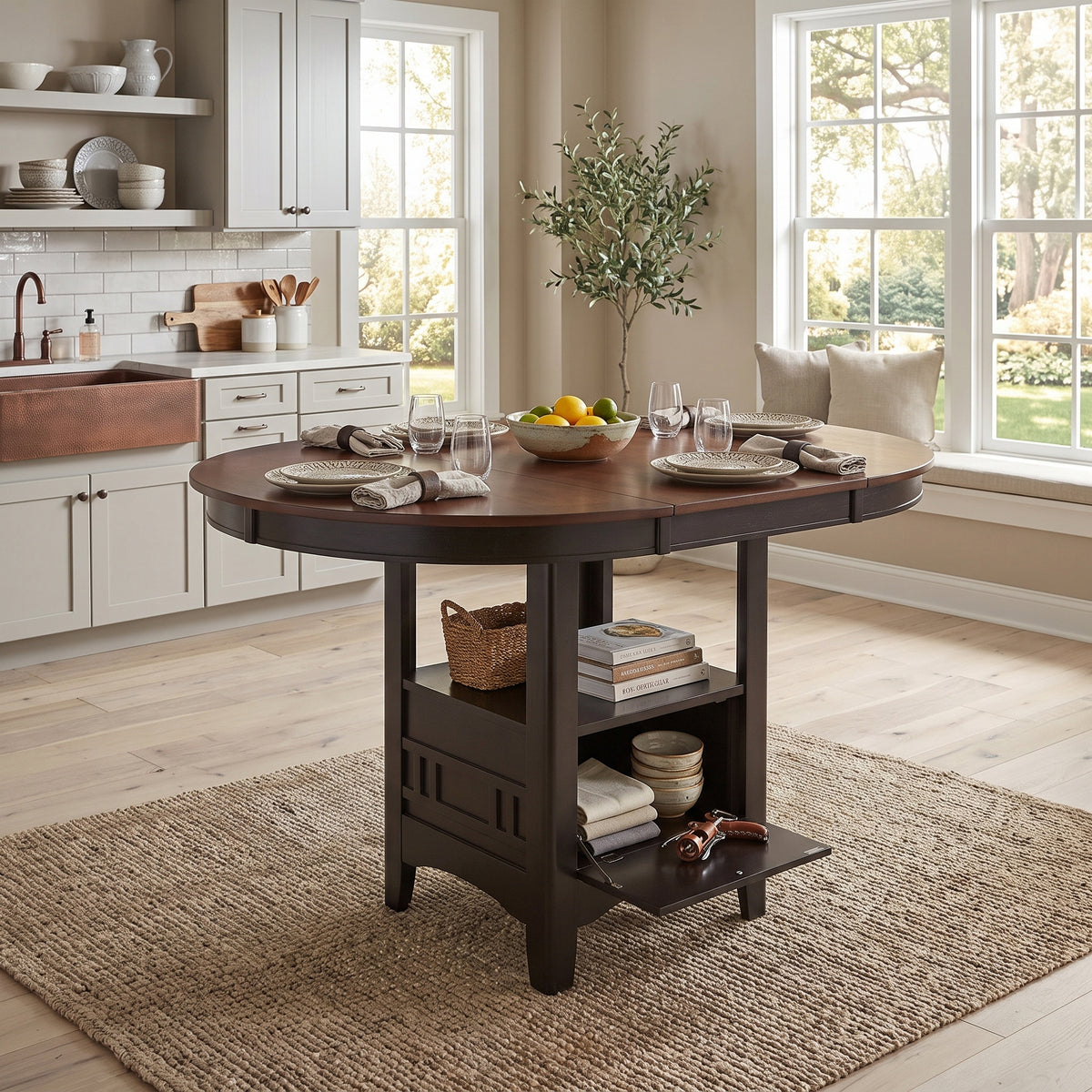 KILEEN Chestnut 60" x 42" Storage Counter Table with Extension