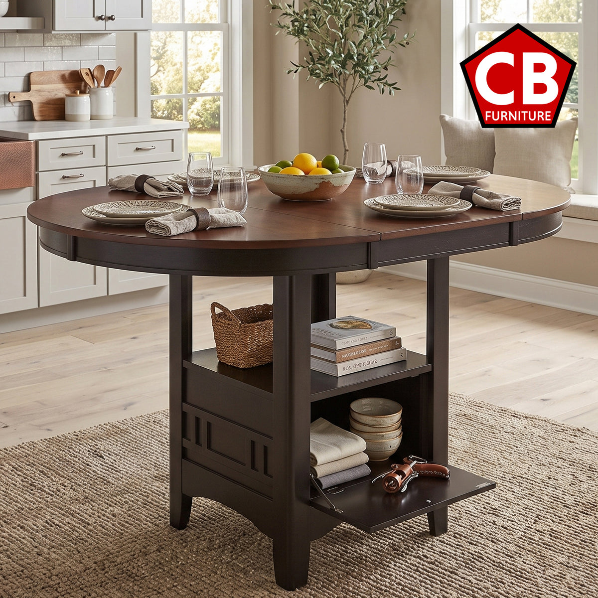 KILEEN Chestnut 60" x 42" Storage Counter Table with Extension