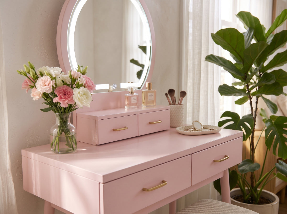 KORAIMA Pink 32" Wide LED Vanity & Stool