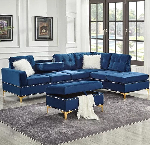KUARRI Blue Velvet 107" Wide Reversible Sectional