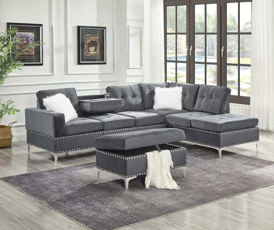 KUARRI Gray Velvet 107" Wide Reversible Sectional
