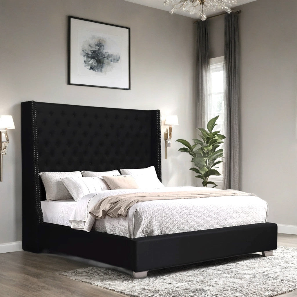 LANDAU Black Linen Button-Tufted 72" Tall Bed