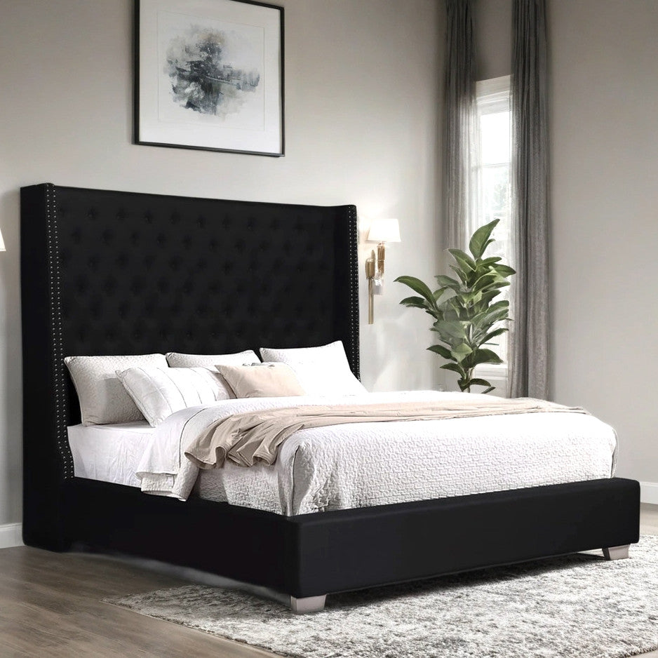 LANDAU Black Linen Button-Tufted 72" Tall Bed