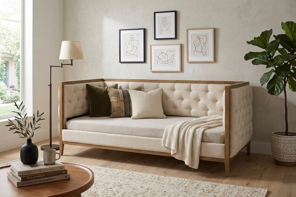 LAYNE Natural Oak Wood and Fabric Daybed