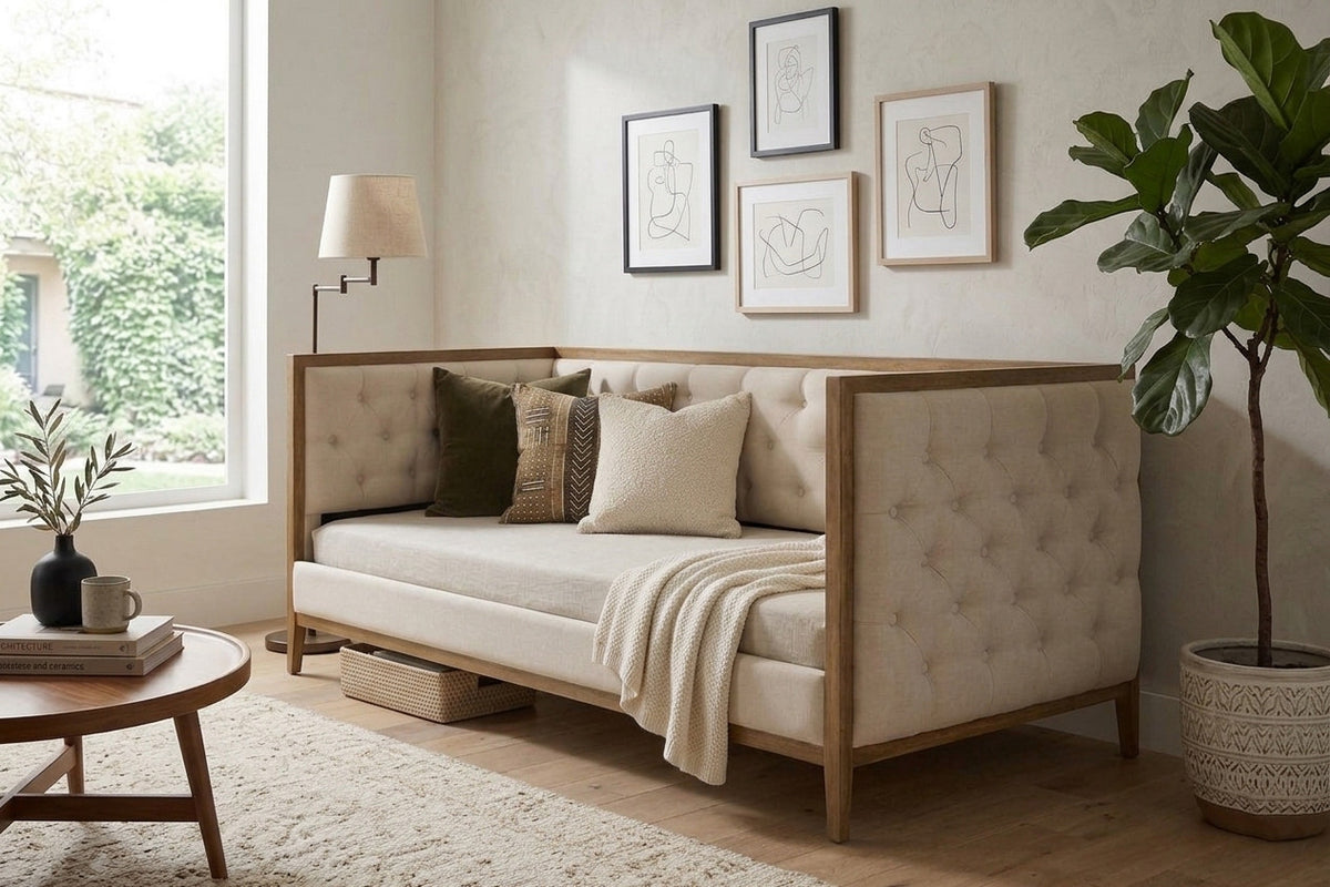 LAYNE Natural Oak Wood and Fabric Daybed
