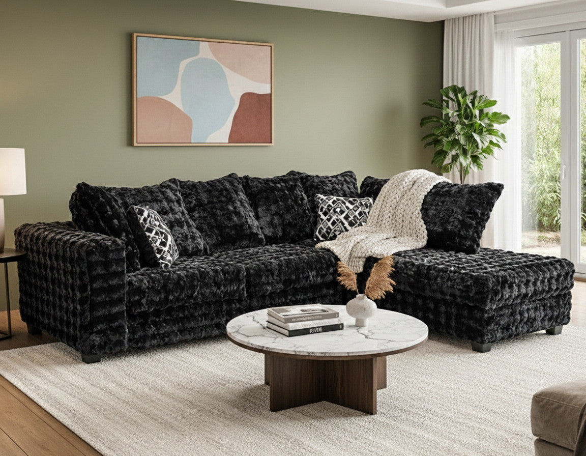LEONIDAS Black "Bubble" Velvet 107" x 80" Sectional