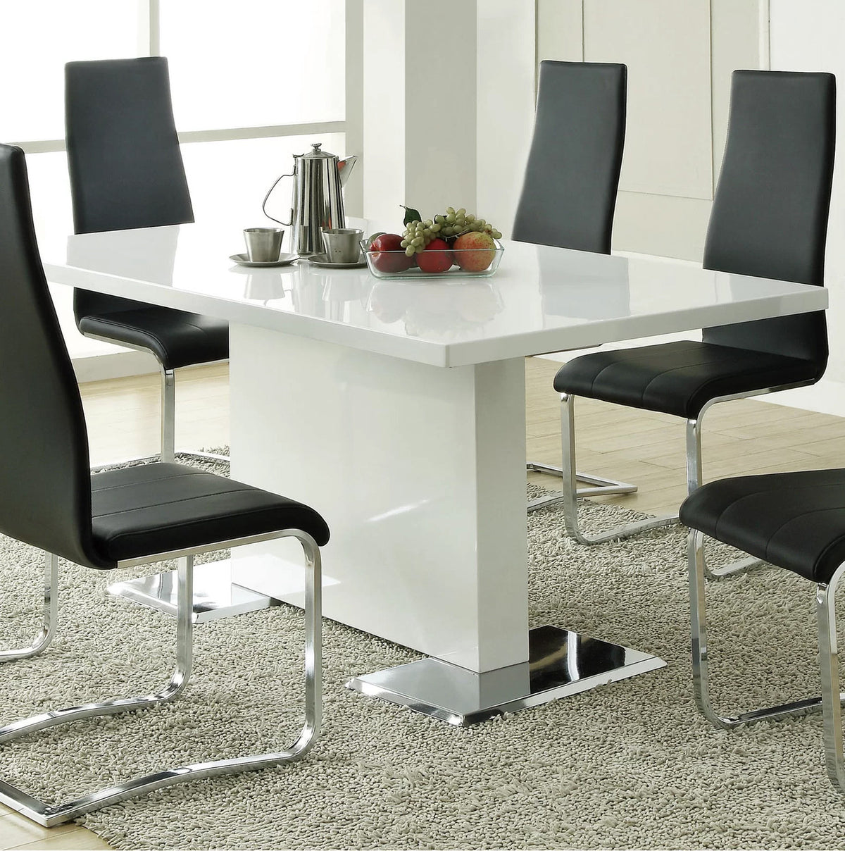 LEXANI Glossy White 7 Piece Dining Set with Black Chairs