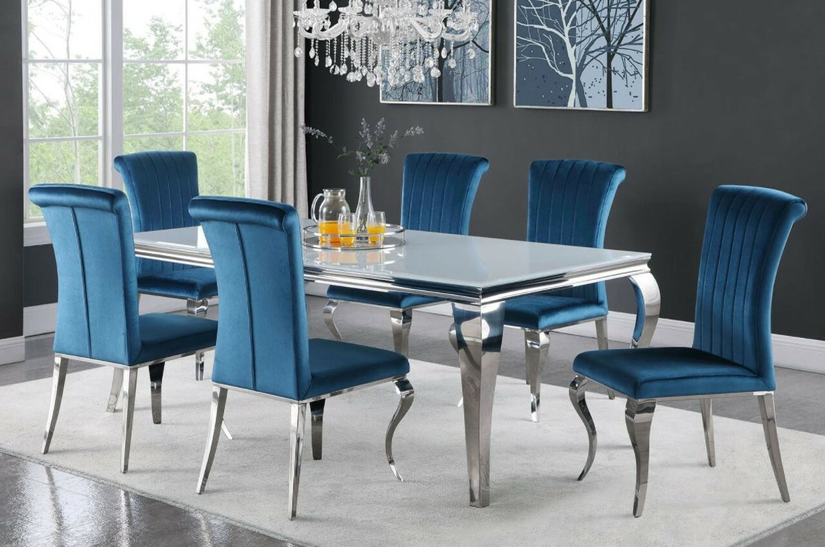 LONDON Blue 61" Wide 7 Piece Dining Set with White Table
