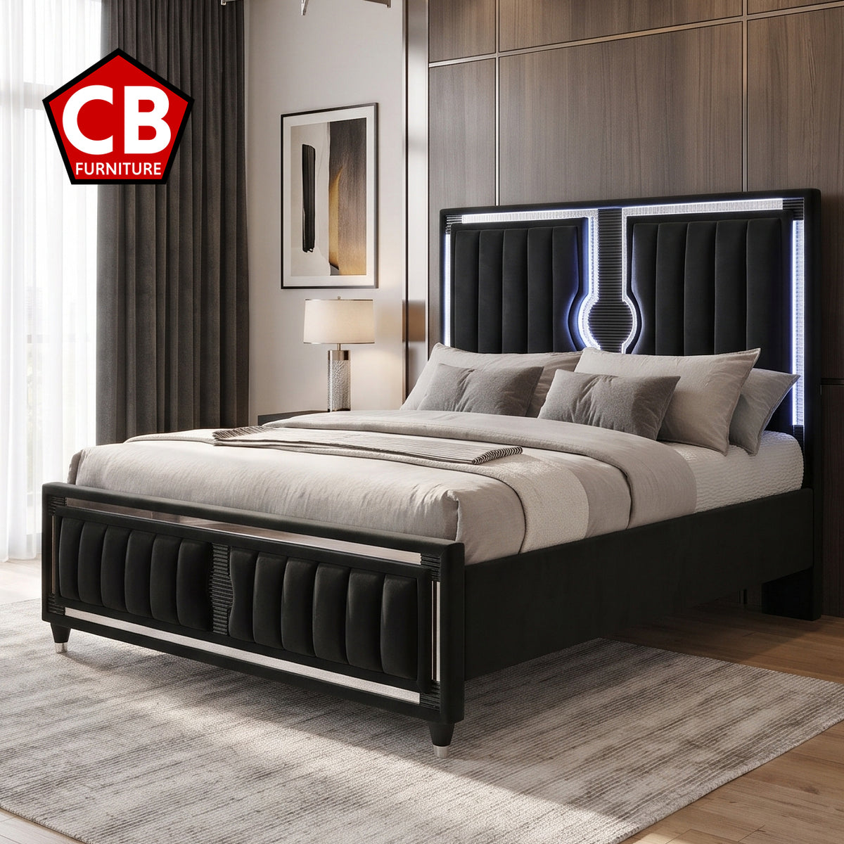 LUCHESE Black Velvet & Mirror 61" Height Bed with LED Lights