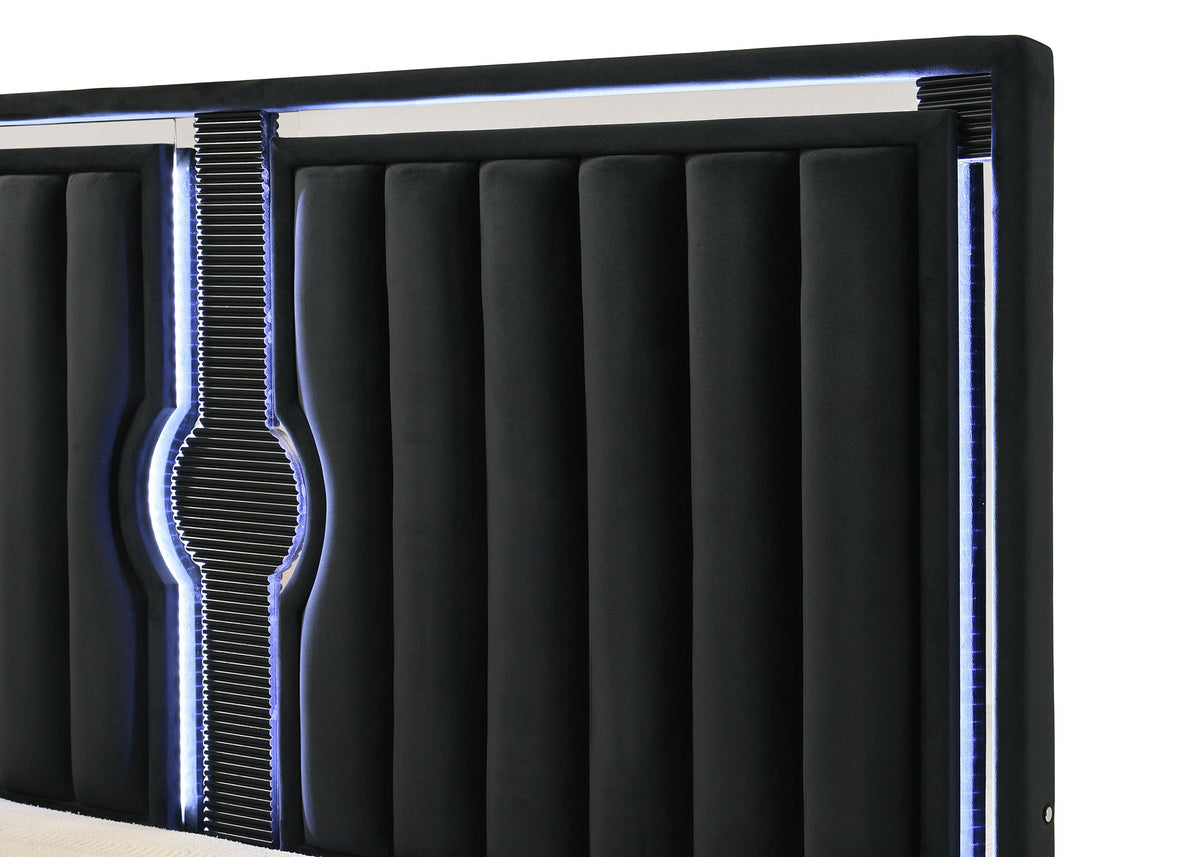 LUCHESE Black Velvet & Mirror 61" Height Bed with LED Lights