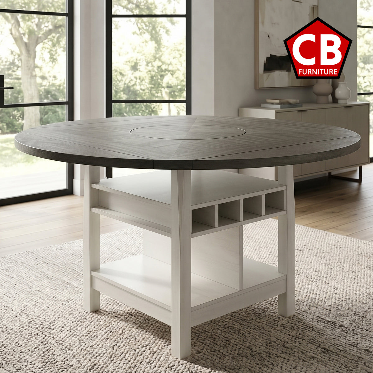 MANNA White & Gray 60" x 60" Counter Height Table with Lazy-Susan
