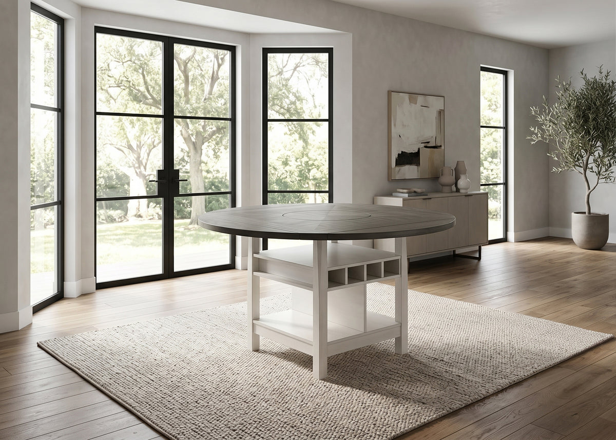 MANNA White & Gray 60" x 60" Counter Height Table with Lazy-Susan