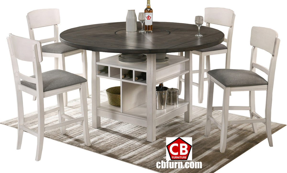 MANNA White & Gray 5 Piece Counter Height Set with Lazy-Susan
