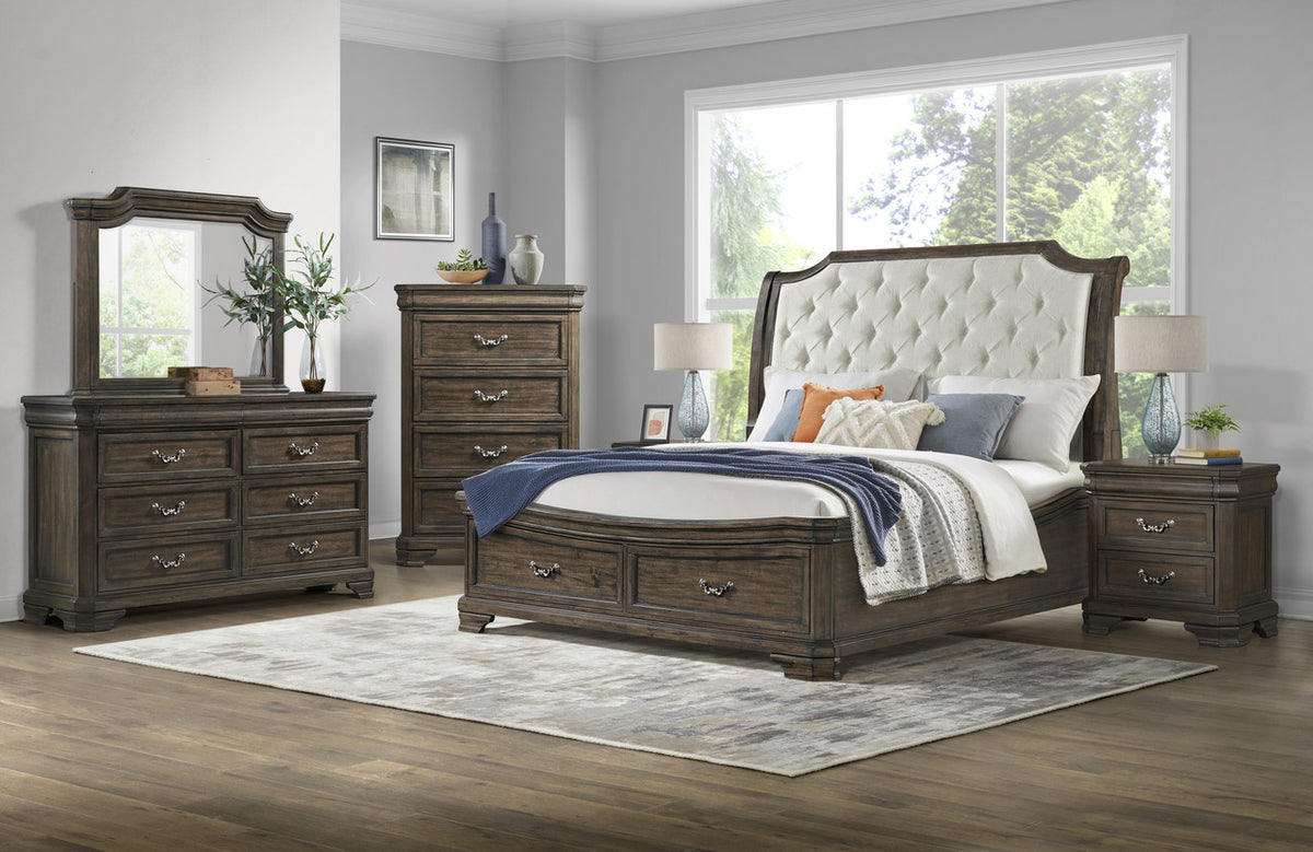 MARVAL Walnut Upholstered Sleigh Bed with Drawers