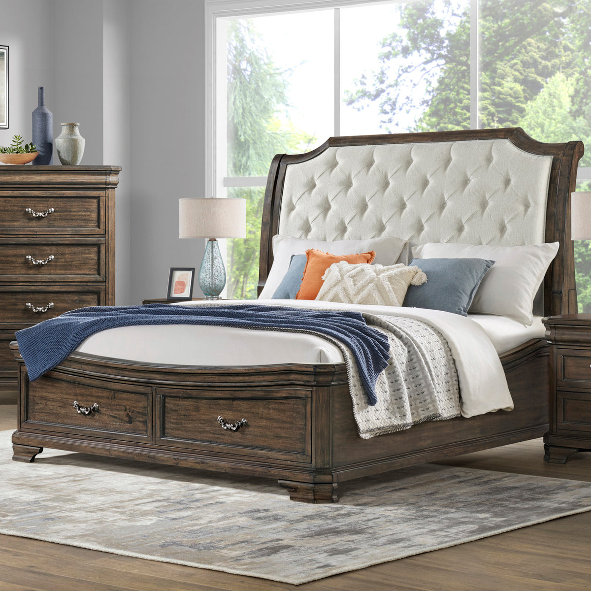 MARVAL Walnut Upholstered Sleigh Bed with Drawers