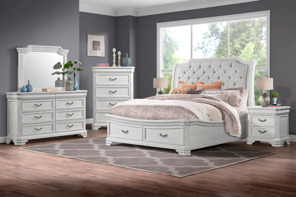 MARVAL Vintage White Upholstered Sleigh Bedroom Set