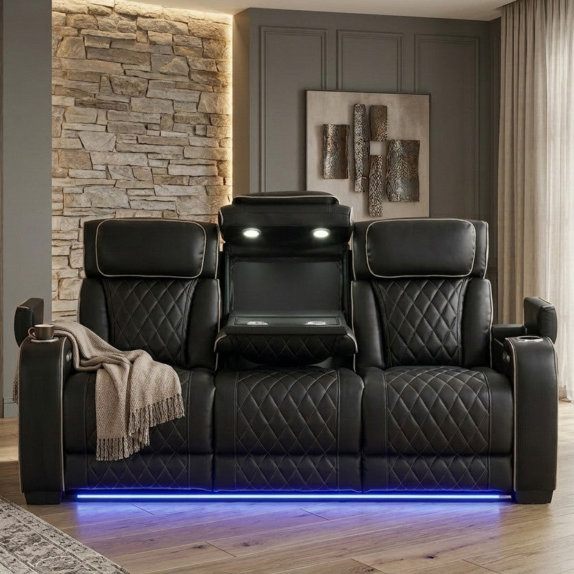MARVEL Black 84" Wide Power Reclining Sofa with LED Lighting