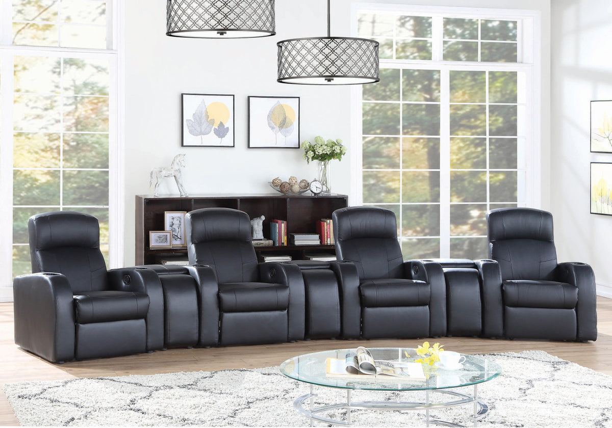 MAXX Black Leather 7 Piece Reclining Theater Seats