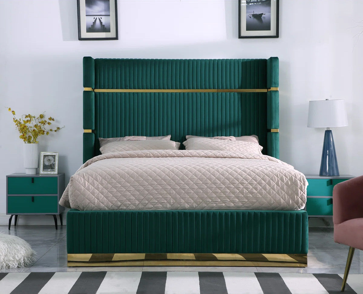 MENEFE Green Velvet & Gold 66" Height Platform Bed