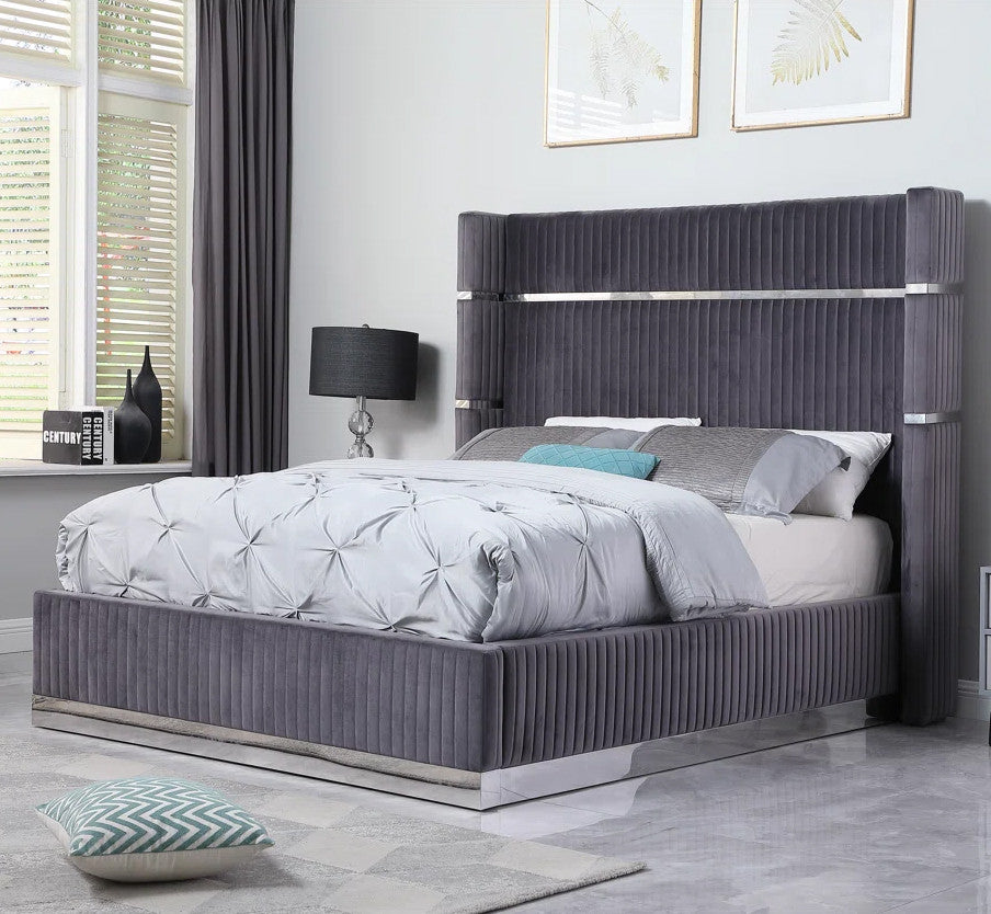 MENEFE Gray Velvet & Chrome 66" Height Platform Bed