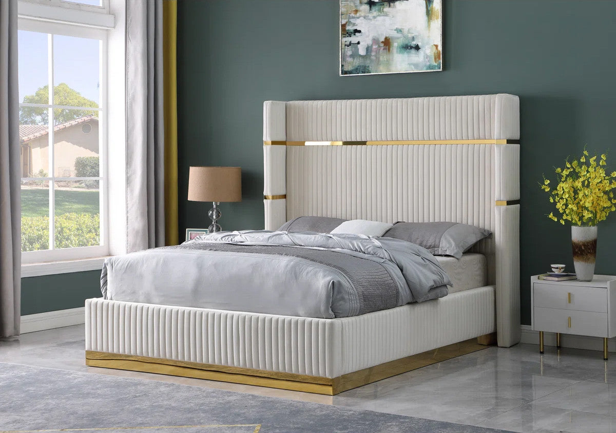 MENEFE Cream Velvet & Gold 66" Height Platform Bed