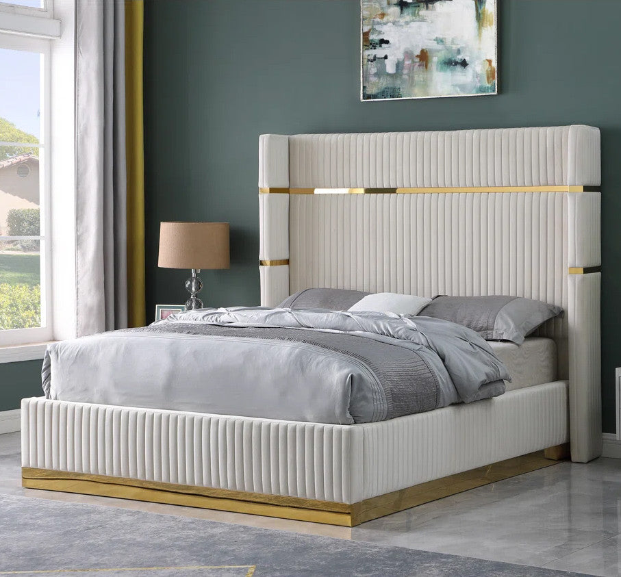 MENEFE Cream Velvet & Gold 66" Height Platform Bed