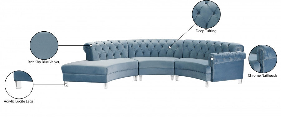 MERKA Light Blue Velvet 140" Wide Curved Sectional